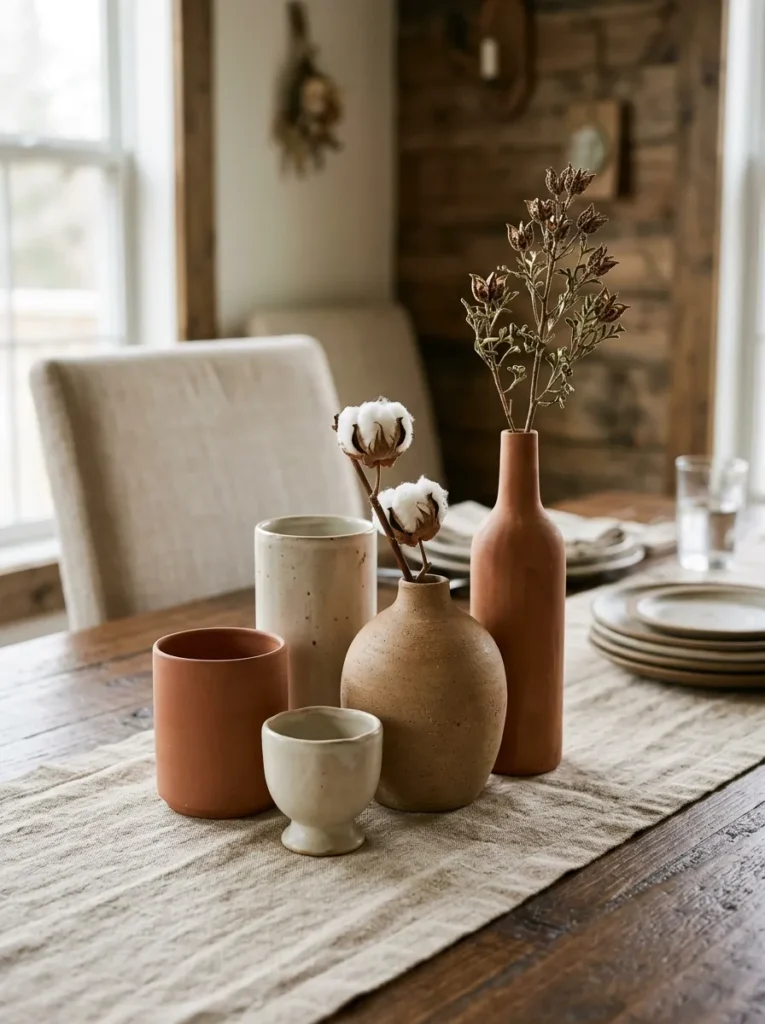 Five ceramic vessels in warm earthy tones at varying heights grouped as a dining table centerpiece, two holding dried stems and three left intentionally empty
