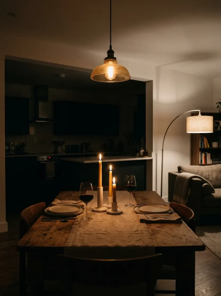 Open plan dining table at evening lit by a dimmed pendant, three candles, and a perimeter floor lamp, with the kitchen in shadow beyond
