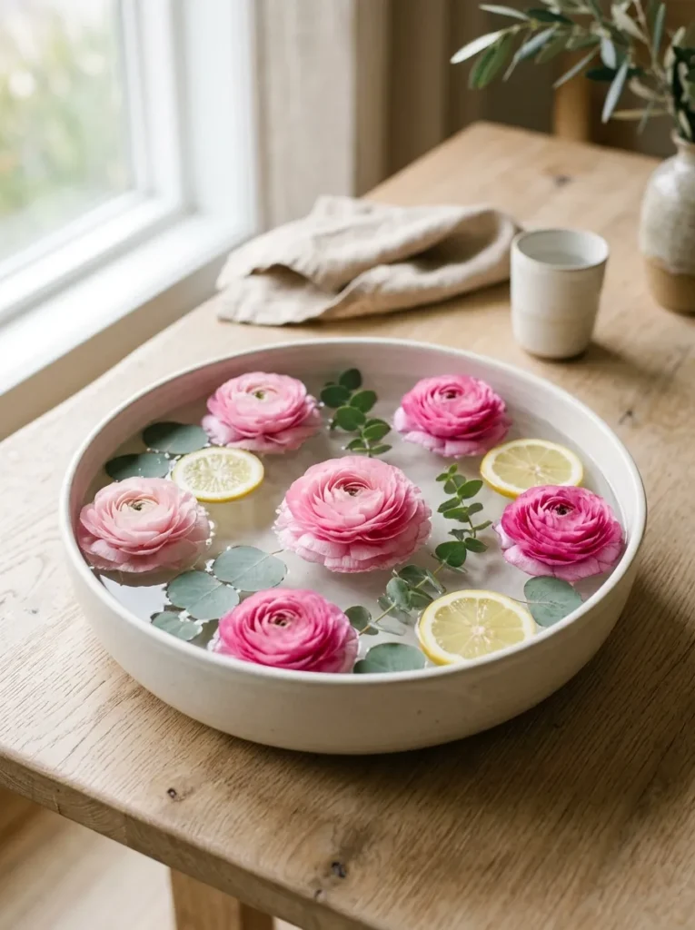 A wide white ceramic bowl with seven floating pink ranunculus heads and scattered eucalyptus leaves, serving as a low dining table centerpiece in morning light
