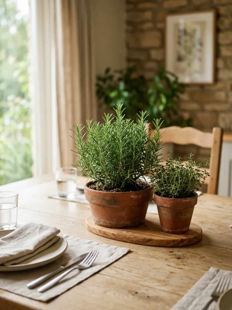 Foraged botanical centerpiece of stripped branches, dried grass plumes, and dried berries in a wide-mouth glass cylinder on a dining table
