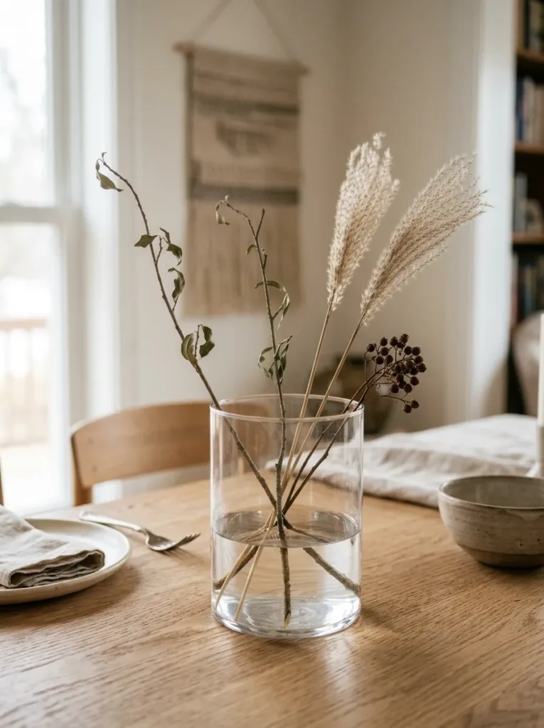 Two terracotta pots of fresh rosemary and thyme on a small olive wood board, used as a low everyday dining table centerpiece
