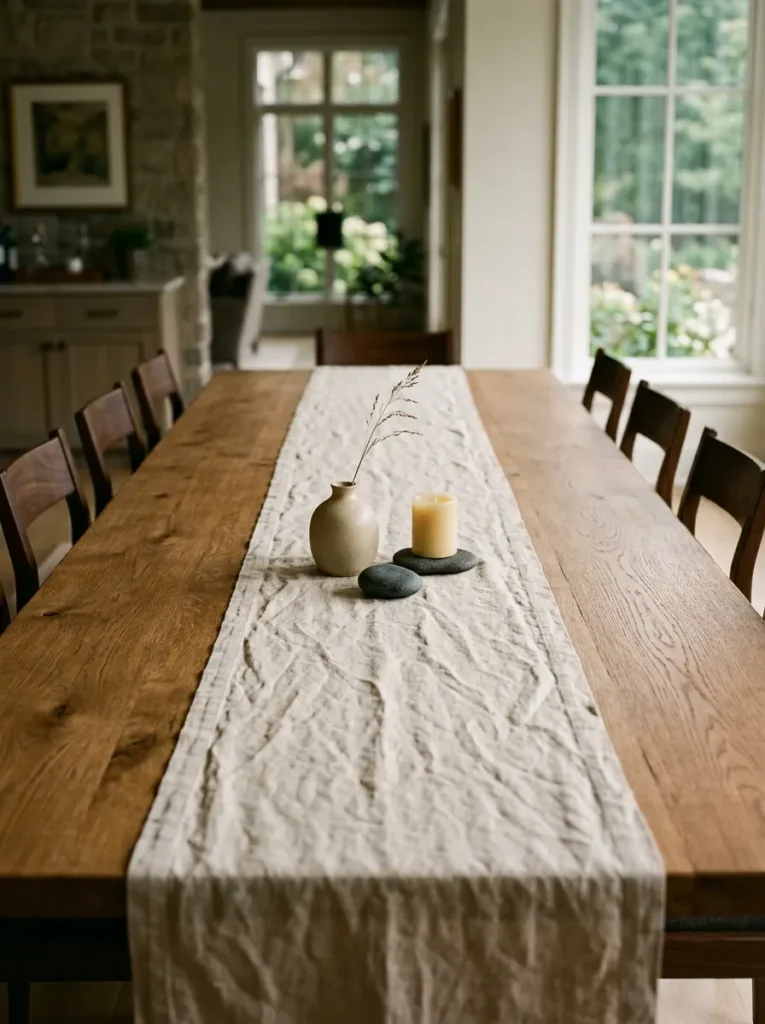 Natural linen table runner on an oak dining table as the base layer for a small centerpiece grouping of a ceramic vase, pillar candle, and smooth stone
