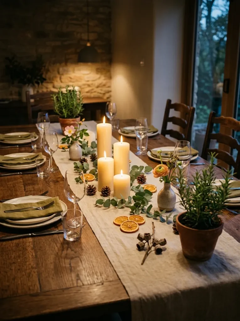Long dining table special occasion centerpiece with pillar candles at three heights, eucalyptus sprigs, dried orange slices, pine cones, and rosemary pots at each end of a linen runner
