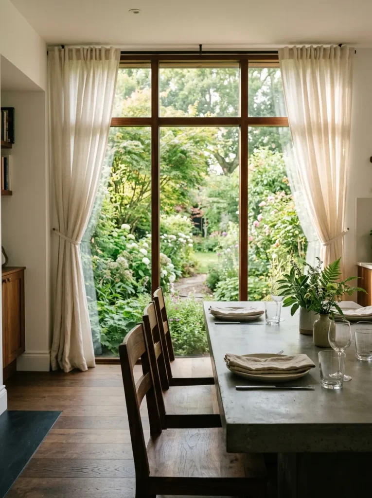View from behind the dining table looking through a large garden-facing window in an open plan dining area