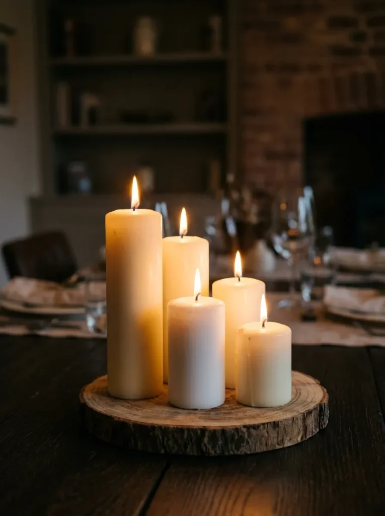Five white and ivory pillar candles at varying heights grouped on a natural wood slice, all lit with warm candlelight as a dining table centerpiece

