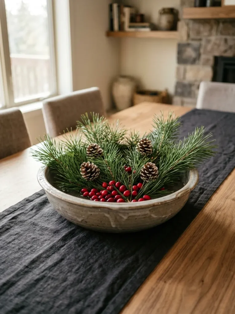 Wide handmade dove grey ceramic bowl with a winter arrangement of pine clippings, small pinecones, and cranberries as a seasonal dining table centerpiece
