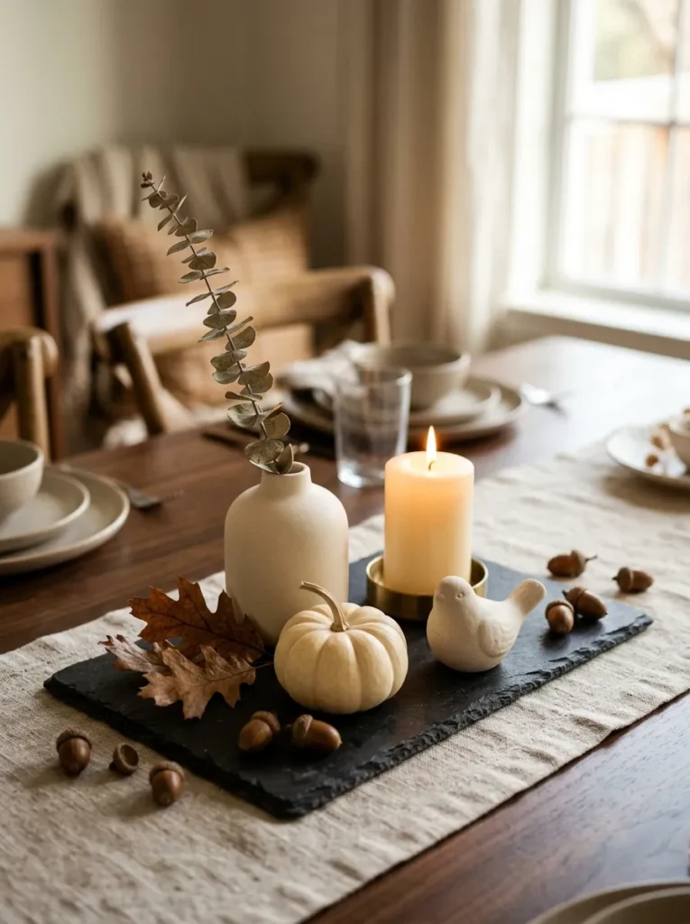 A slate tray dining table centerpiece with permanent elements — a ceramic vase, pillar candle, and ceramic bird — and fall seasonal additions of a small pumpkin, dried oak leaves, and acorns
