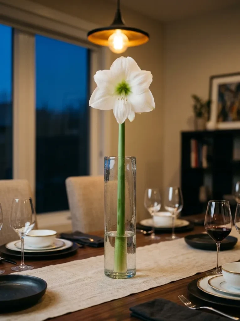 A single white amaryllis stem in a tall handblown glass vase rising above 24 inches on a walnut dining table, a confident formal centerpiece with no additional elements