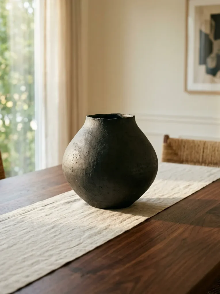 A single large hand-thrown matte charcoal ceramic vessel as the sole dining table centerpiece on a linen runner, its irregular organic form reading as a sculptural statement
