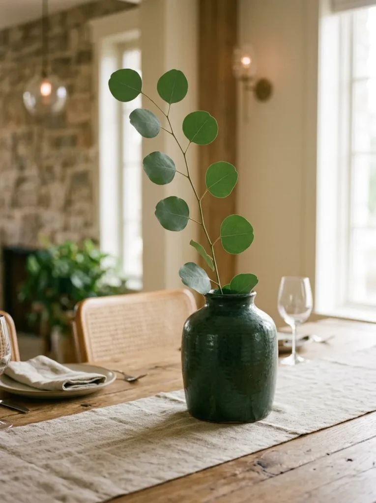 A single eucalyptus branch rising 30 inches above the dining table in a heavy dark green matte ceramic vase on a linen runner
