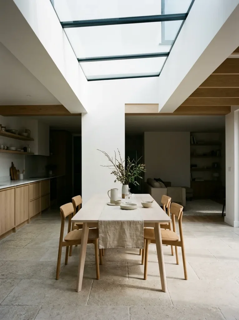 Pale ash dining table and natural wood chairs positioned under a skylight in an open plan home, bathed in morning daylight