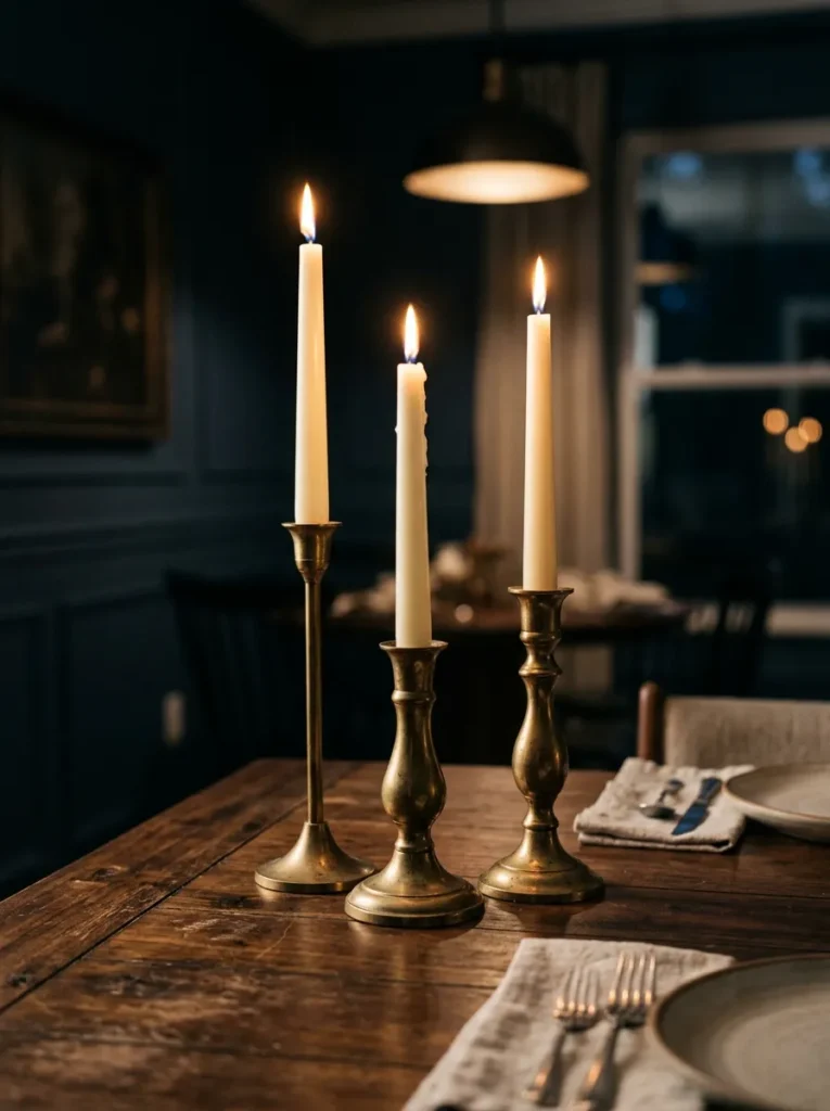 Three mismatched aged brass candlestick holders of varying heights with lit ivory tapered candles on a dark walnut dining table
