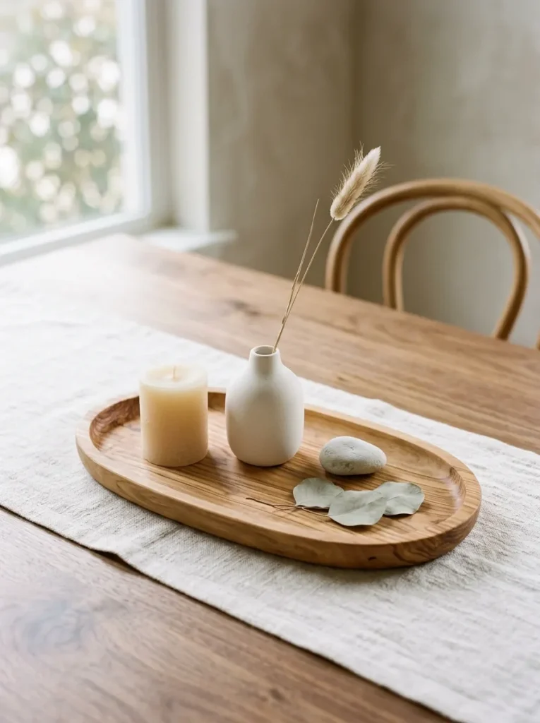 An oval olive wood tray holding a pillar candle, ceramic bud vase with dried stem, smooth stone, and eucalyptus leaves as a contained, moveable dining table centerpiece
