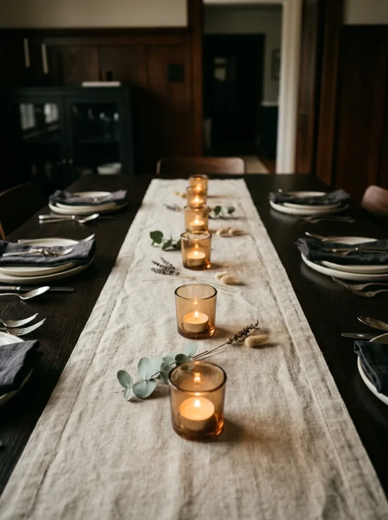 Long dining table at evening with six glass votive holders at equal intervals along a linen runner, each lit with warm candlelight and alternating with eucalyptus sprigs
