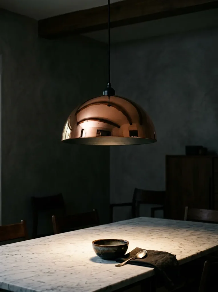 Large copper dome pendant with dark interior casting a concentrated beam onto a marble dining table, leaving the room periphery in shadow
