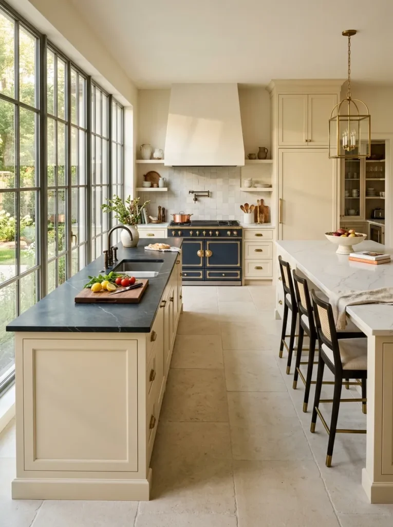 Two kitchen islands in a large kitchen with distinct prep and seating functions