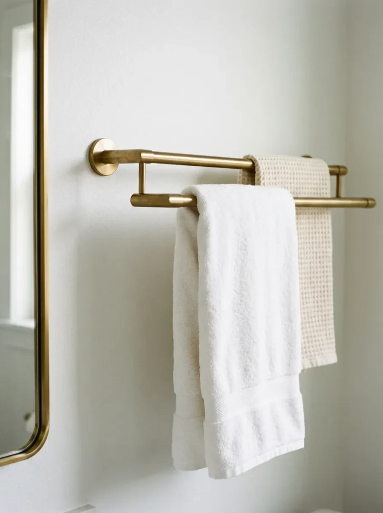 Double brushed brass towel bar on a bathroom wall holding one white bath towel on the front bar and a cream waffle-weave towel on the rear bar
