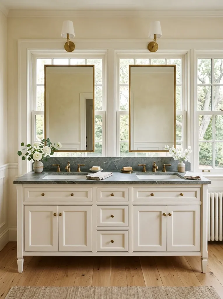 Custom furniture-style double vanity with legs and stone top in a large primary bathroom