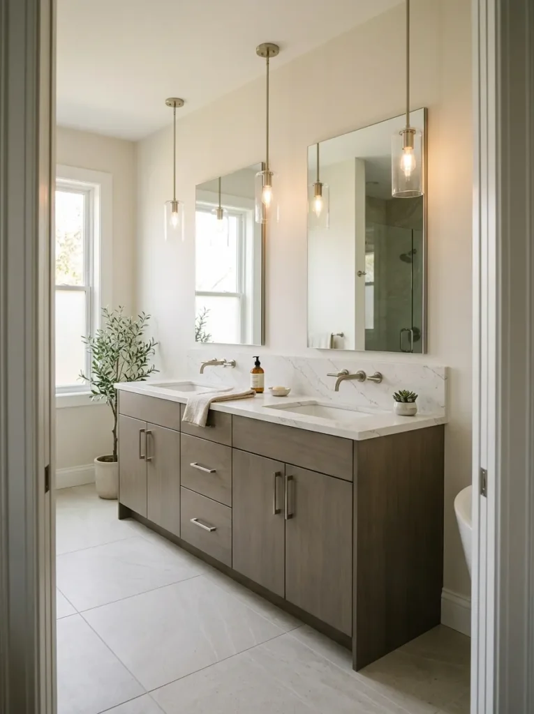 72-inch double vanity with two aligned frameless mirrors and pendant lights above each sink in a primary bathroom
