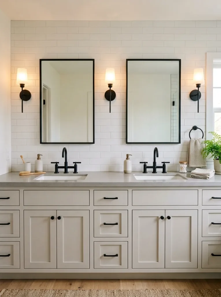 Double vanity bathroom with two slim black-framed rectangular mirrors mounted above separate sinks with matching matte black faucets
