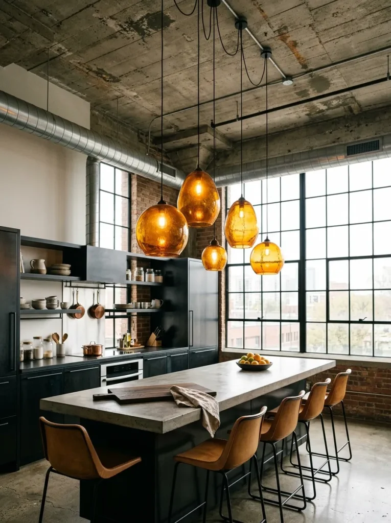 Five amber glass pendant lights at varying heights above a kitchen island creating a dramatic cluster