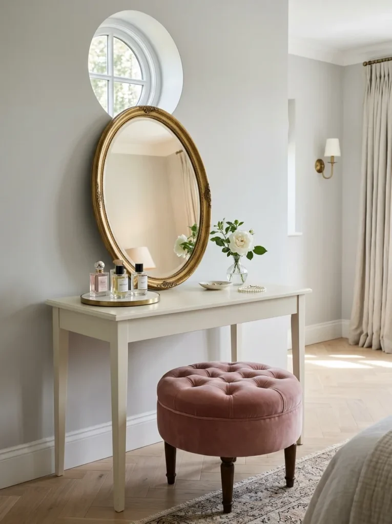 Feminine dressing table with an oval mirror and dusty rose velvet bench in a bedroom corner
