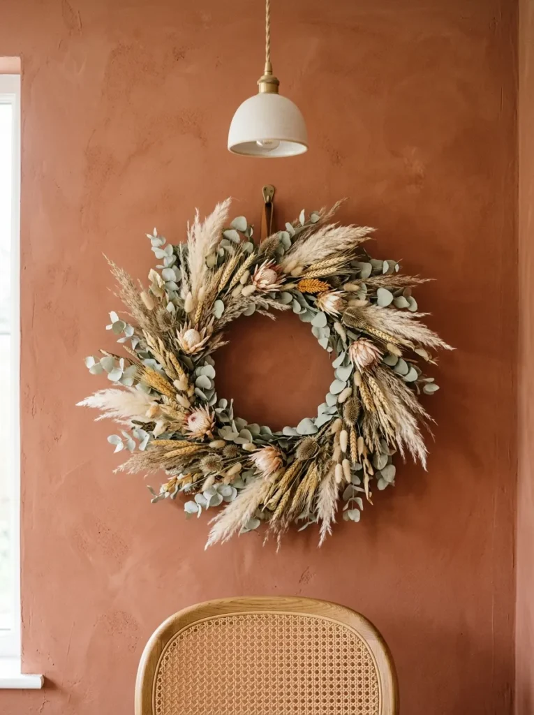 Large dried botanical wreath of eucalyptus, pampas grass, and protea mounted on a terracotta limewash wall in a boho dining room
