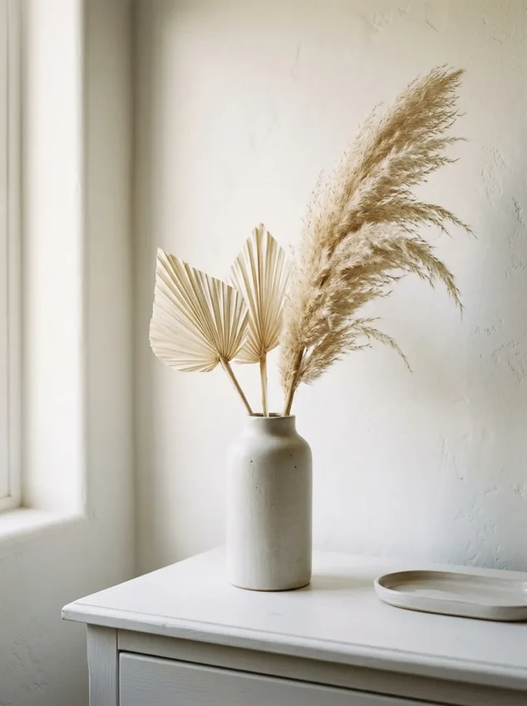Tall dried pampas grass and bleached palm leaves in a stone-white ceramic vase on a white bedroom dresser, lit by warm side window light
