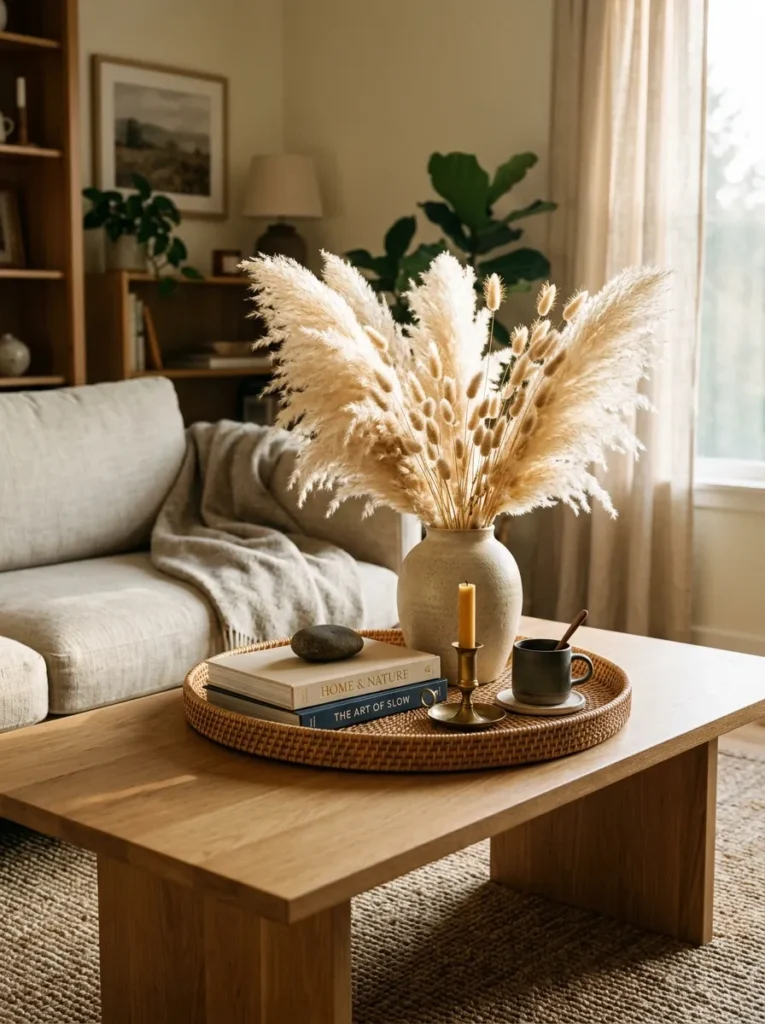 Dried pampas grass and bunny tail stems in a matte oat ceramic vase on a rattan tray alongside books and a dark stone on an oak coffee table
