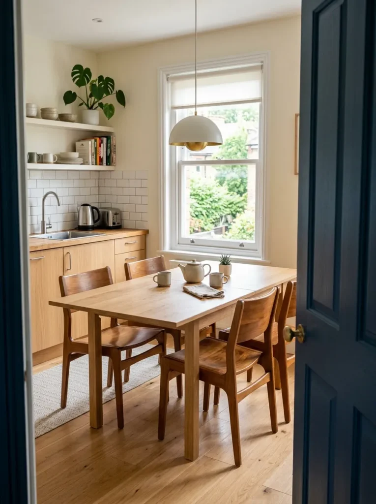 Drop-leaf table in white oak with leaves extended and four stackable chairs in a compact apartment kitchen