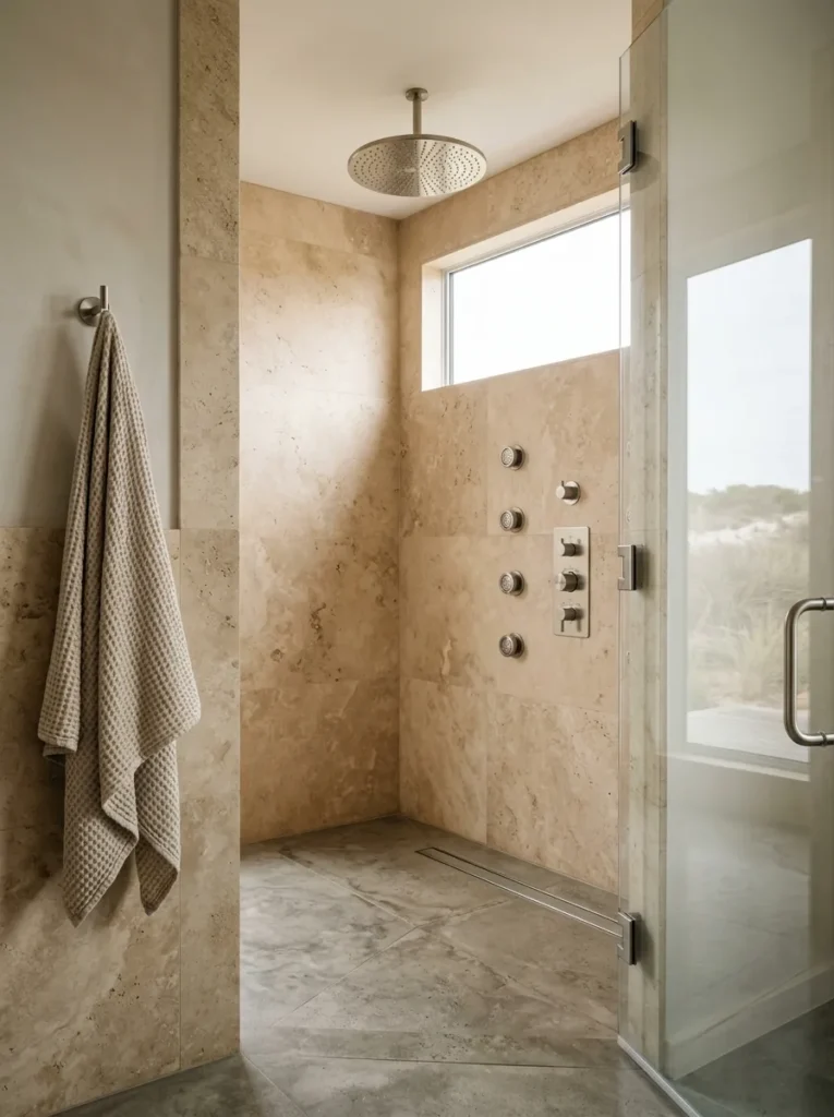 Luxury shower with a ceiling rain showerhead and side body spray jets and a thermostatic valve