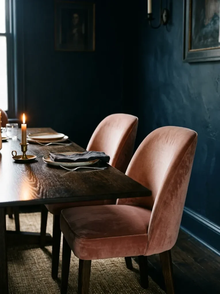 Two dusty rose velvet upholstered dining chairs at a dark oak table in a deep navy dining room with a candle flame reflected in the table

