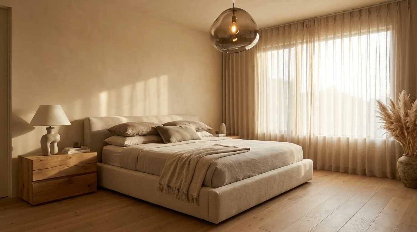 Earthy bedroom with limewash walls, linen bedding, rattan accents, and warm morning light