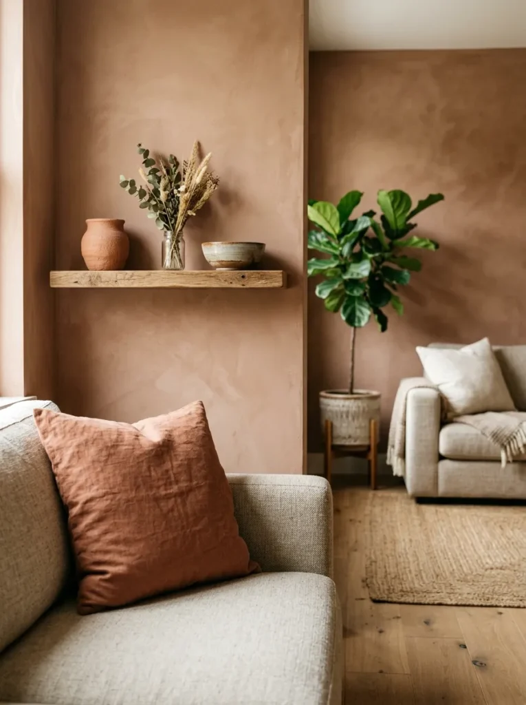 Organic modern living room corner with a warm dusty clay wall, a linen cushion on the sofa, and a terracotta vessel on a shelf in afternoon light