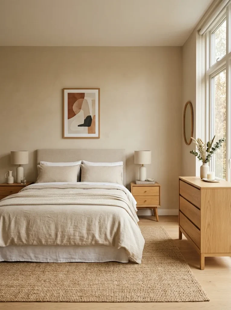 Fully composed beige bedroom interior showing editorial restraint — one artwork, matching nightstands, a dresser, and a jute rug, nothing unnecessary
