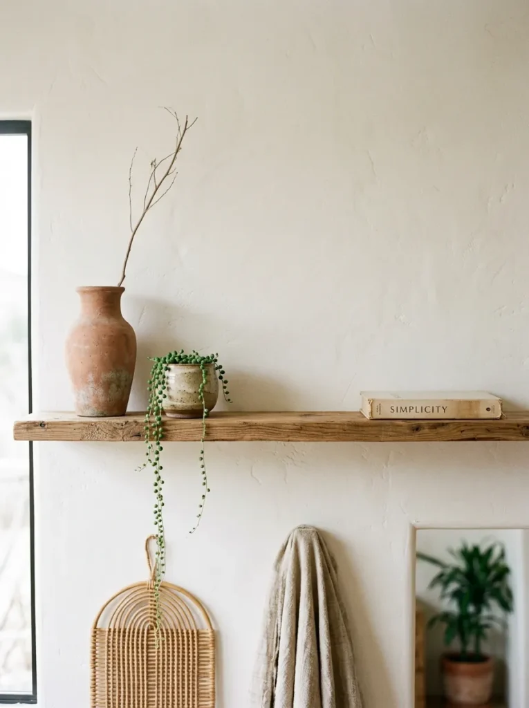 Edited wood shelf with five objects including a terracotta vase, small ceramic, and trailing plant against a white wall