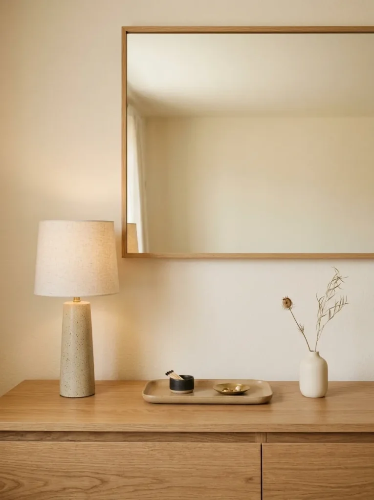 Contemporary bedroom dresser top with only a ceramic lamp, a tray, and a single bud vase — deliberately edited with clear space between objects
