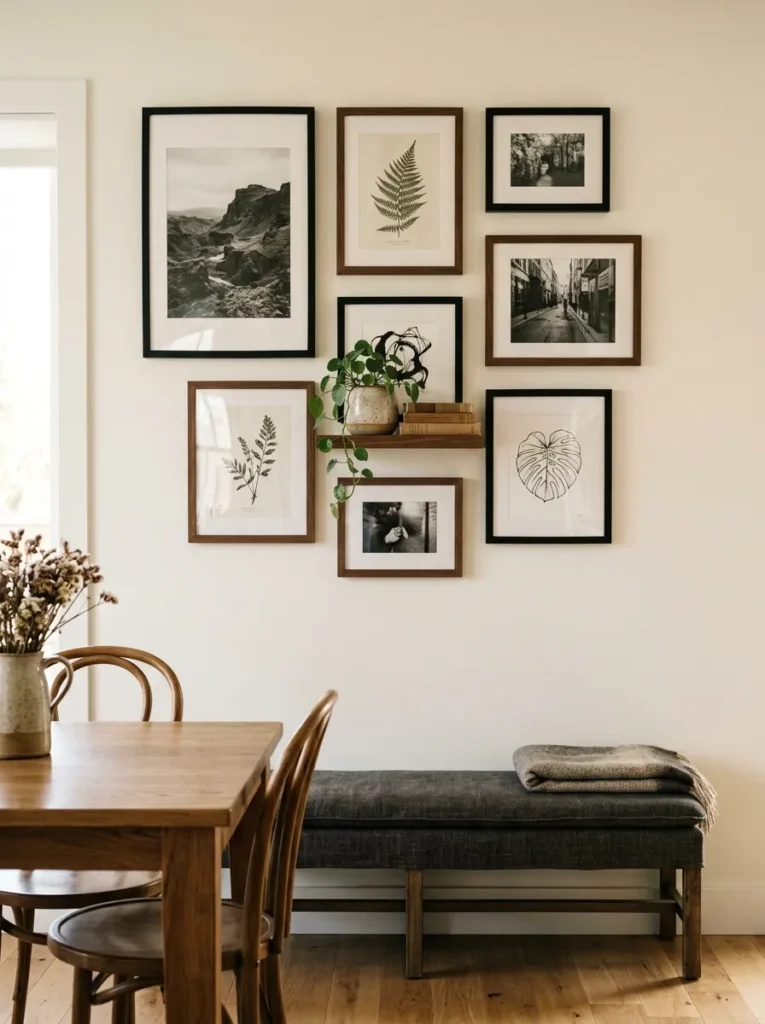 Carefully composed dining room gallery wall with black and oak frames, botanical prints, photography, and a small ceramic shelf
