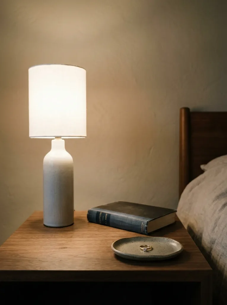 Contemporary bedroom nightstand with only three items — a ceramic lamp, a book, and a small tray with a ring
