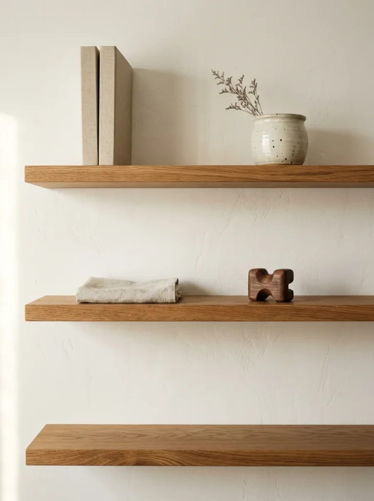 Three floating oak shelves in a minimal bedroom holding very few objects with generous empty space between each one