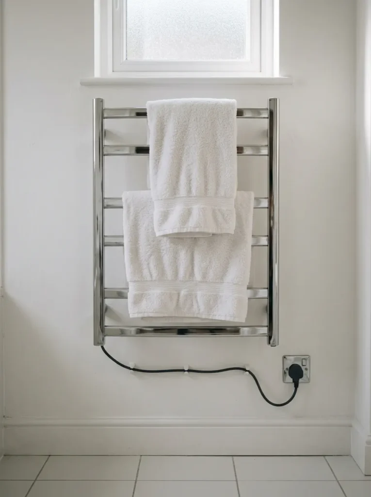 Chrome electric heated towel rail mounted on a white bathroom wall with two white bath towels draped over the bars, with a frosted glass window above
