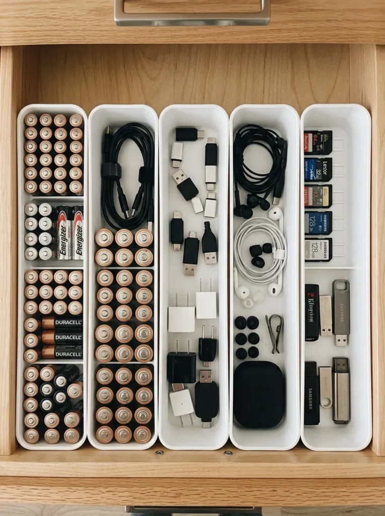 Kitchen drawer with five matching bins for batteries, charging cables, adapters, earbuds, and USB drives — each category separated