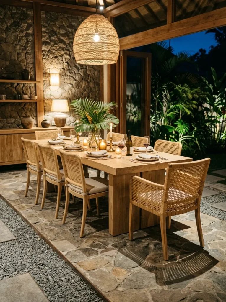 Cane-back dining chairs surrounding a pale oak table in a Bali tropical modern dining room.