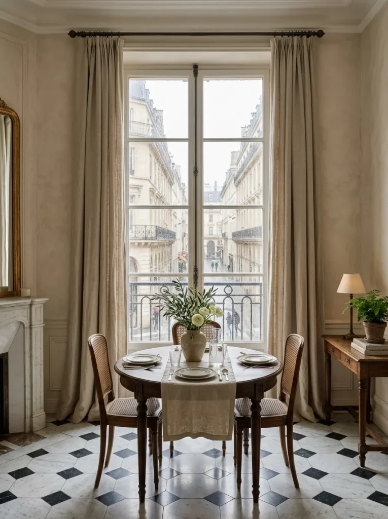 Floor-length neutral linen drapery framing a tall window in a Haussmannian Paris dining room.
