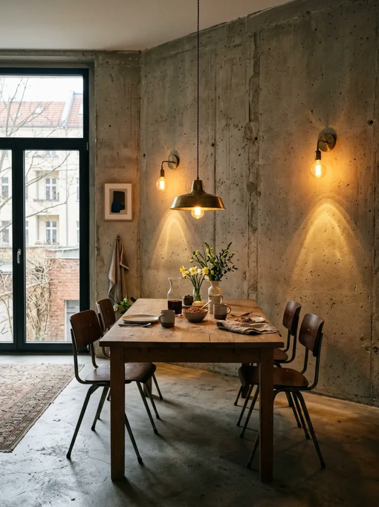 Brass wall sconces layered with a dimmable pendant above the table in a Berlin brutalist dining room.