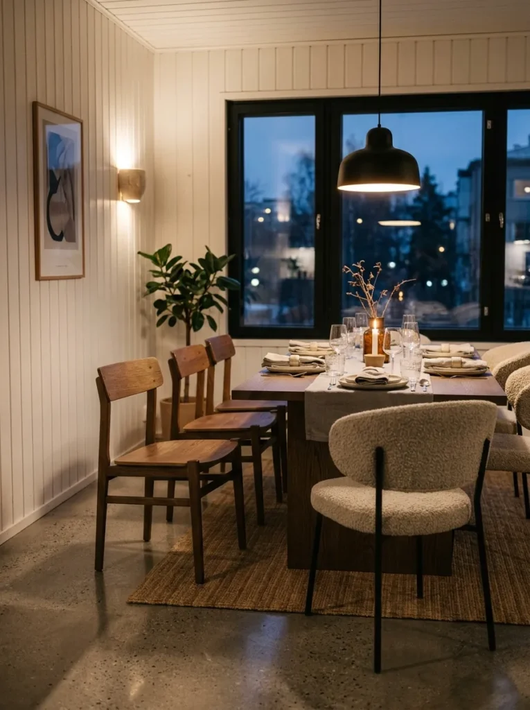 Bouclé chairs paired with smoked oak chairs around a table in a Helsinki Nordic dining room.