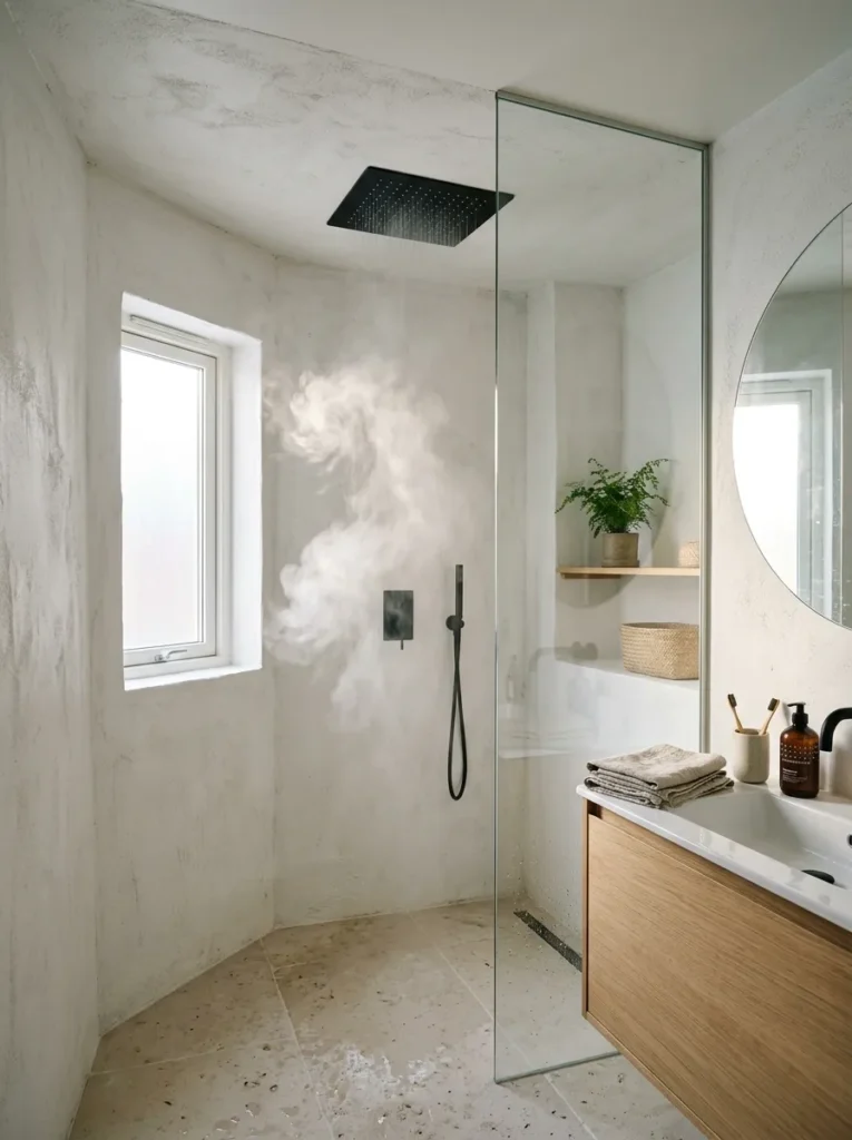 Ceiling-flush matte black rain shower head recessed above a stone floor in an Oslo Scandinavian bathroom.
