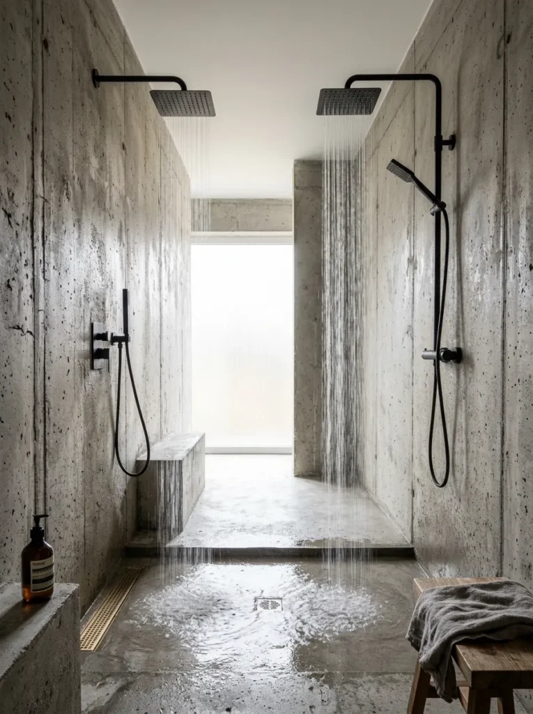 Two independently controlled shower heads mounted on opposite walls in a Berlin brutalist-style bathroom.