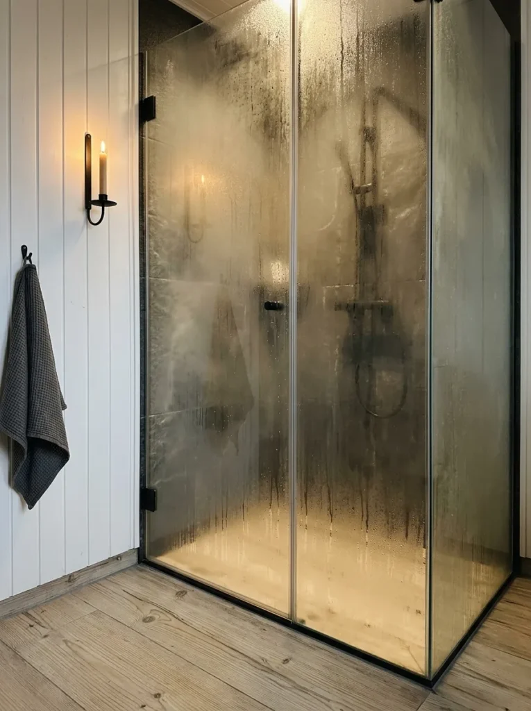 Fully sealed steam shower enclosure fogged with visible steam in a Reykjavik minimalist bathroom.