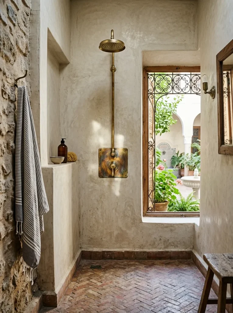 Unlacquered brass shower valve with a warm patina in a Marrakech riad bathroom.